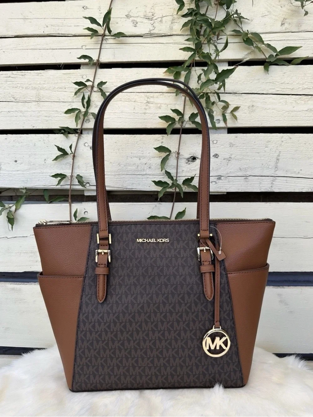 Michael Kors Brown MK Signature Tote with Gold Charm